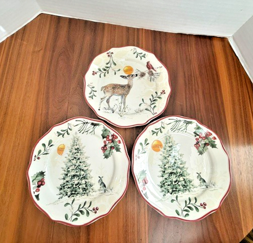 (3) Better Homes & Garden Heritage Collection Deer Christmas Tree Forrest Plates